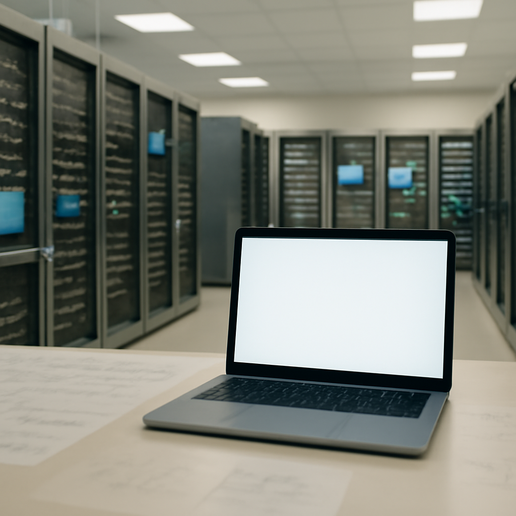 Rows of computer equipment racks and monitors in a server room, with a blank laptop screen in the foreground.