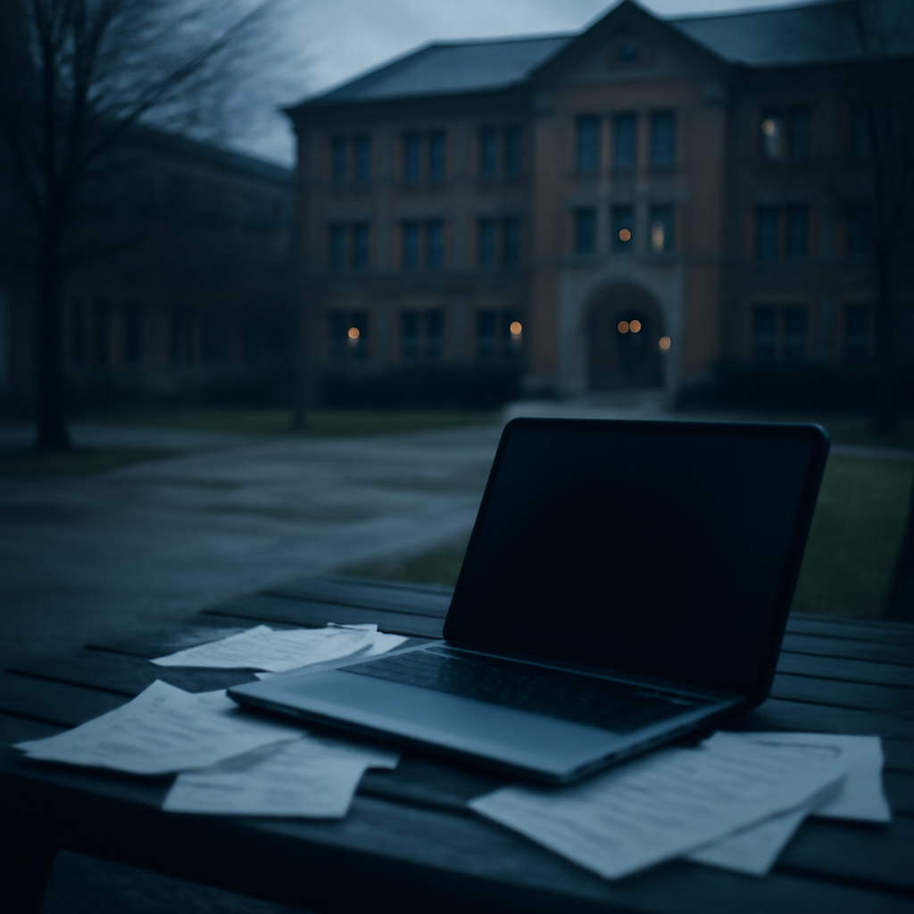 A blurred laptop lies open on a bench amidst scattered papers, set against a softly focused college building backdrop.