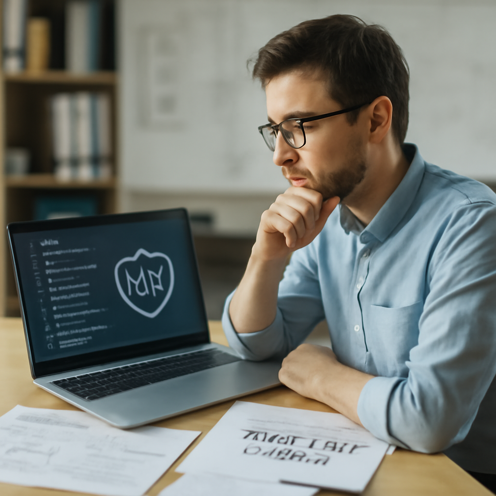 Security researcher working at desk with laptop and notes in a well-lit office.