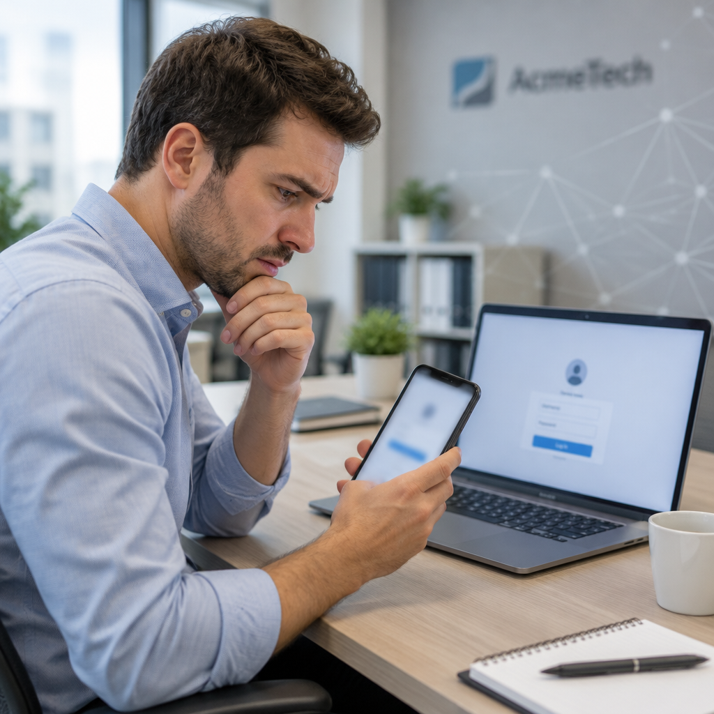 Office worker looks concerned while holding smartphone and sitting in front of laptop with login page displayed.