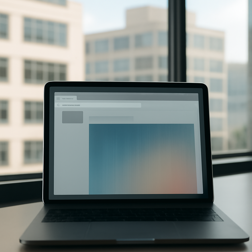 City office building with a laptop in foreground, hint of concern, abstract browser window.
