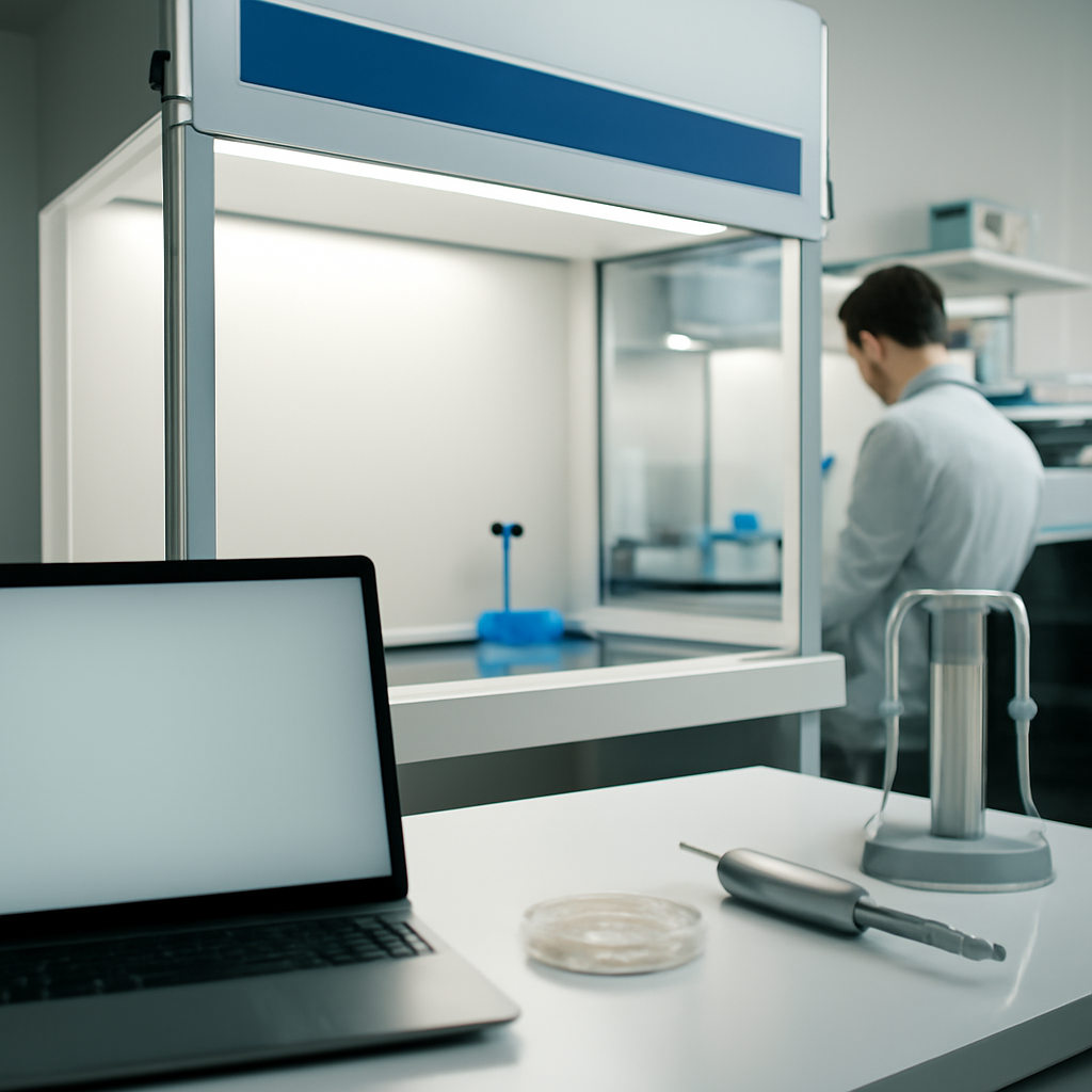 Lab technician working at a bench with scientific instruments and equipment.