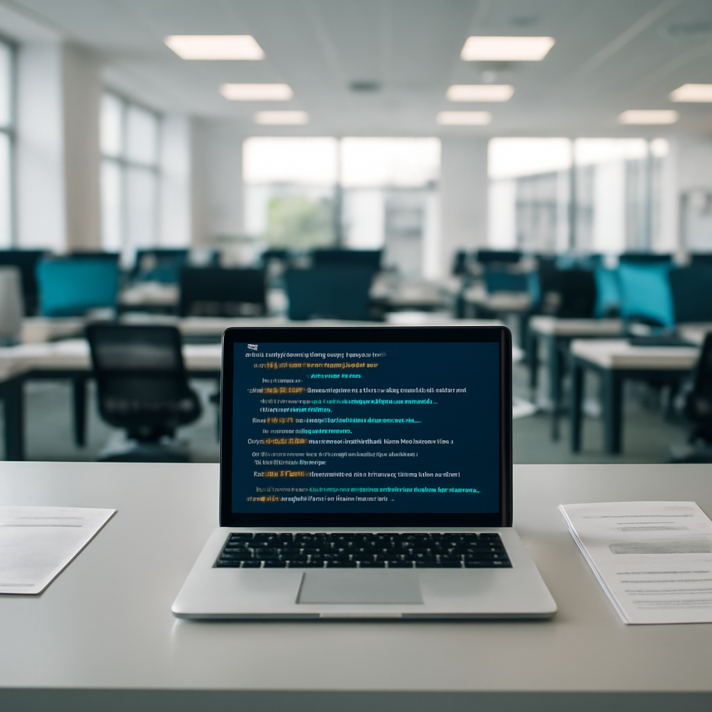 A laptop screen glows on a minimalist table in a bright, empty tech research facility.