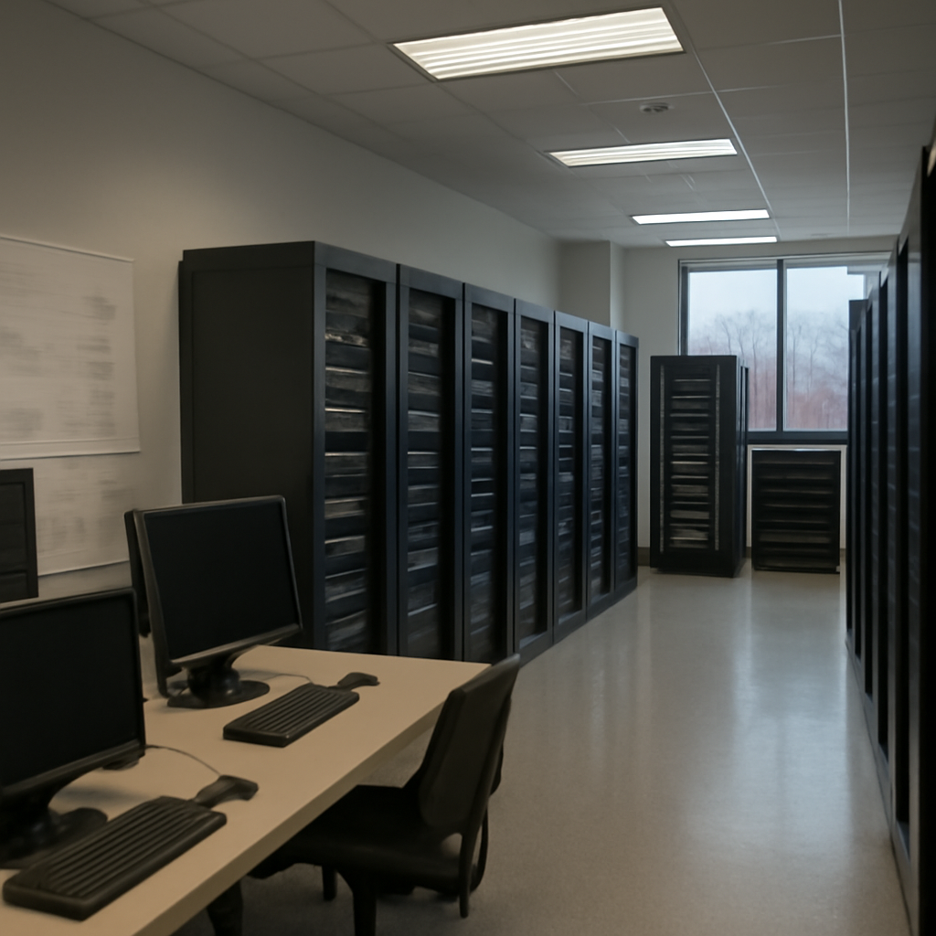 Rows of computer servers and networking equipment in a secure, well-lit facility with scattered monitors and keyboards.