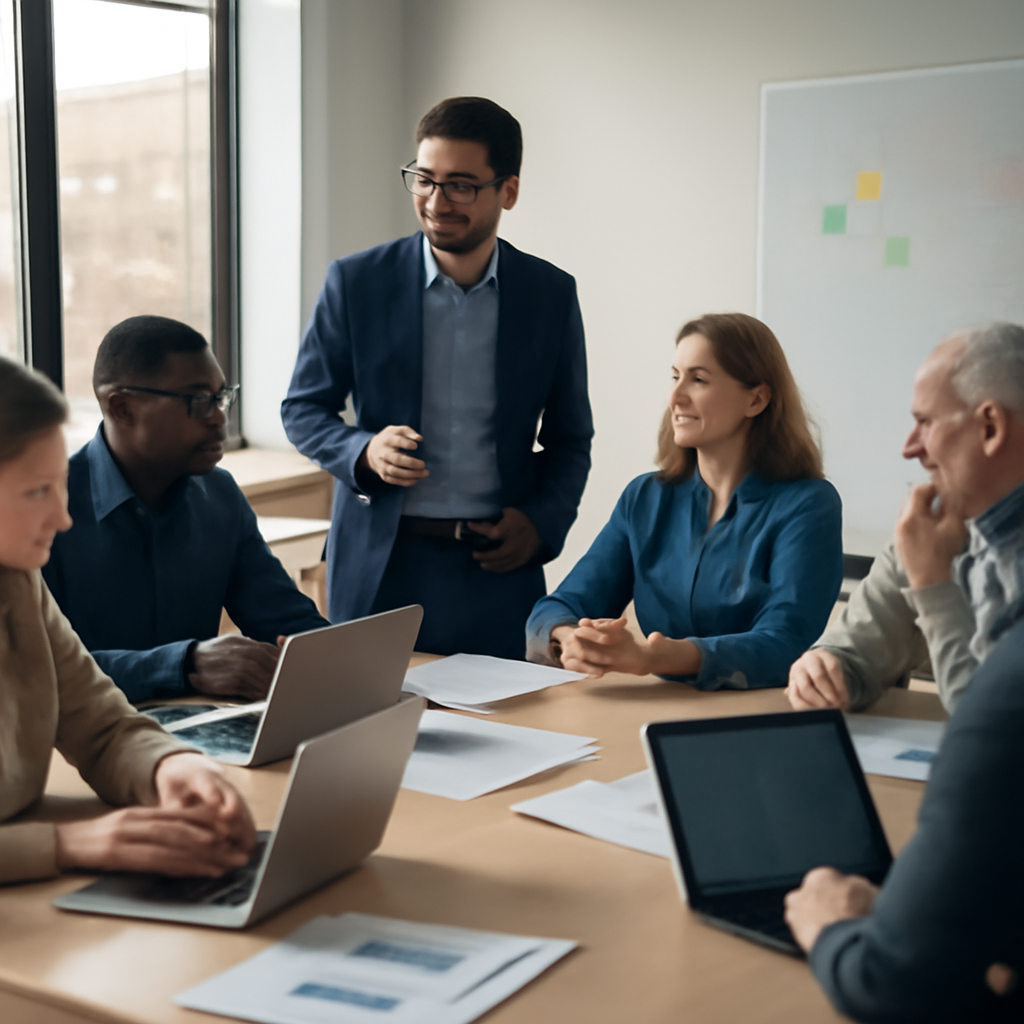 Collaborative office setting with people working at laptops and discussing, surrounded by papers and notes in a bright,…