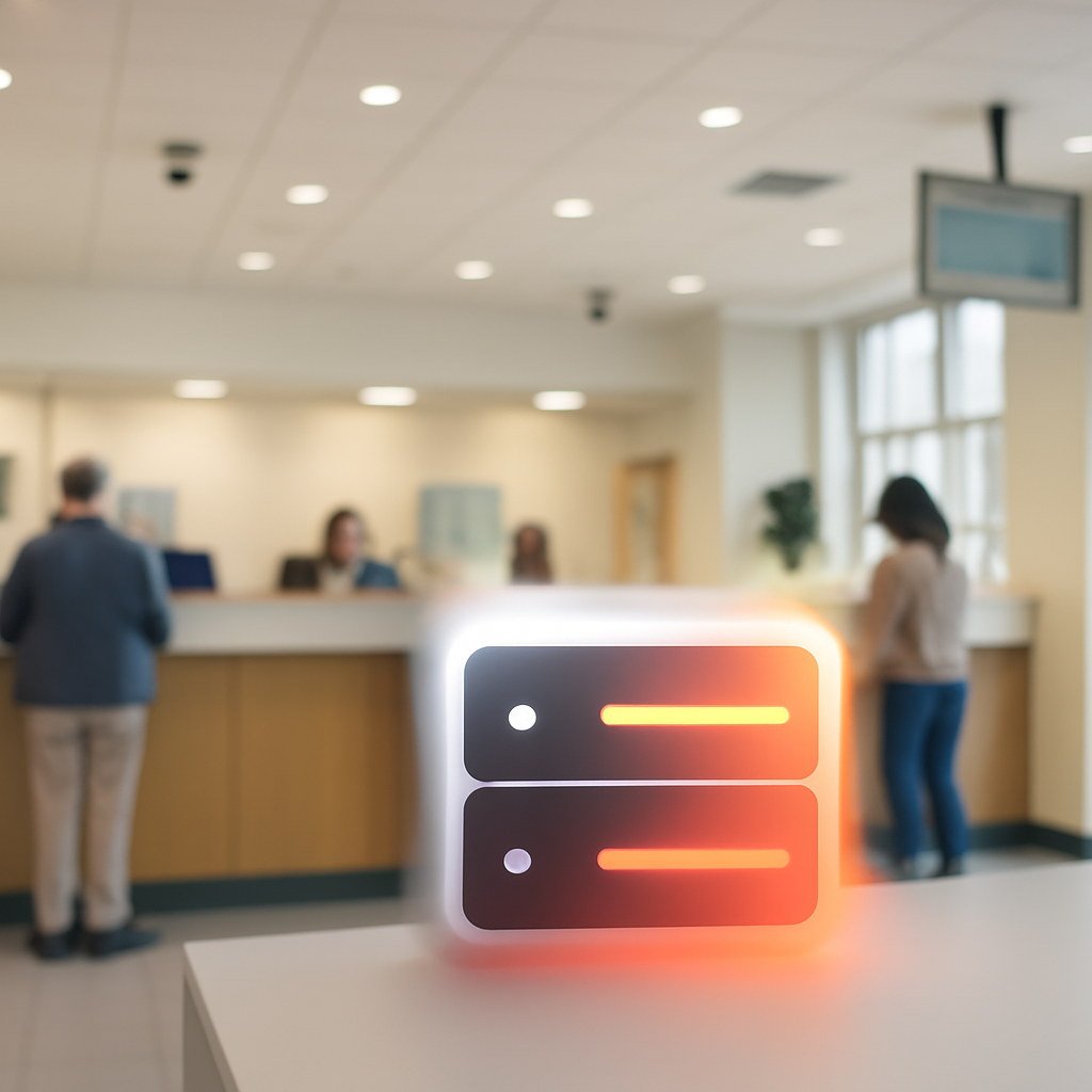 People in a brightly-lit bank lobby with subtle tech integrations.