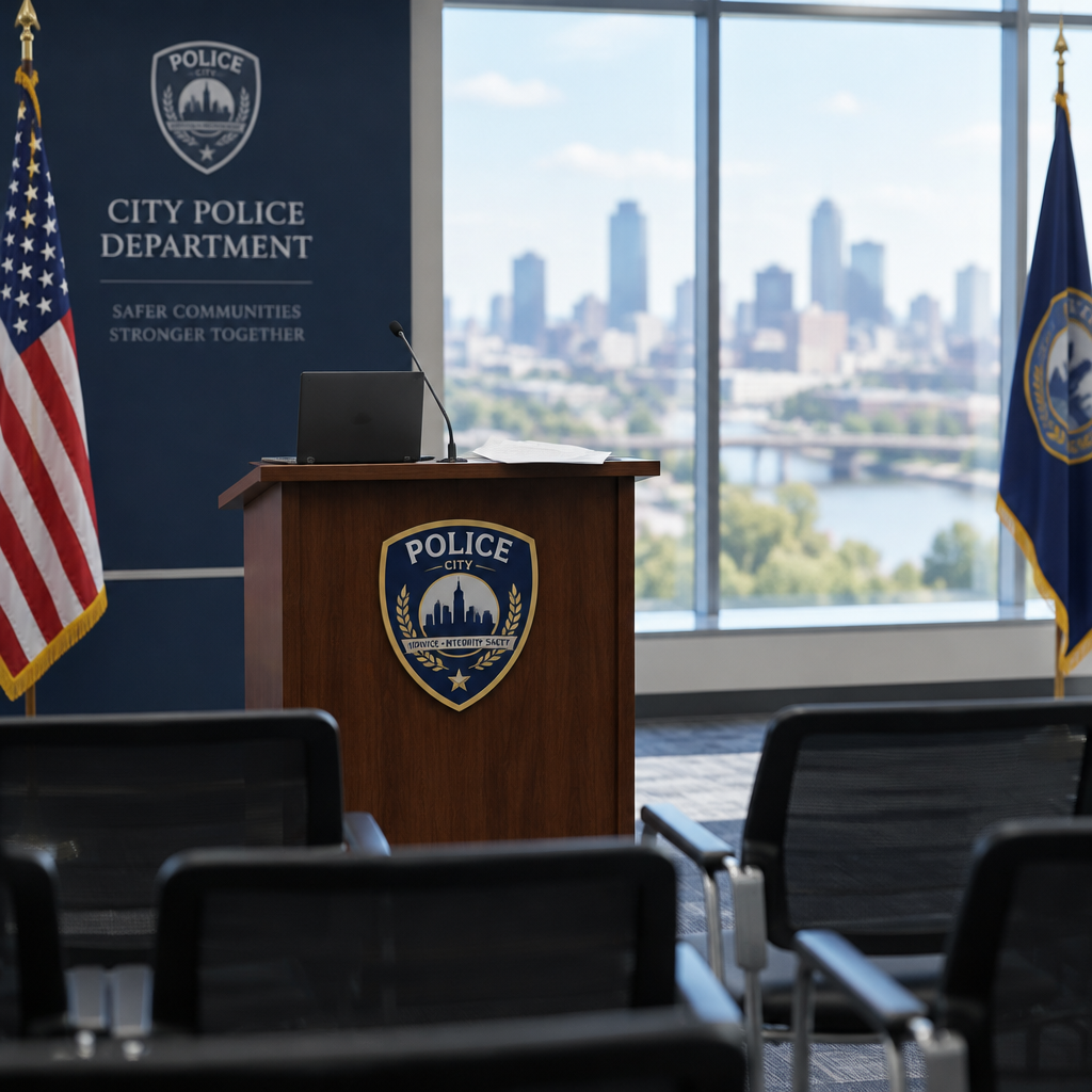 Police briefing room with podium, chairs, and laptop, bathed in natural daylight from a large window.