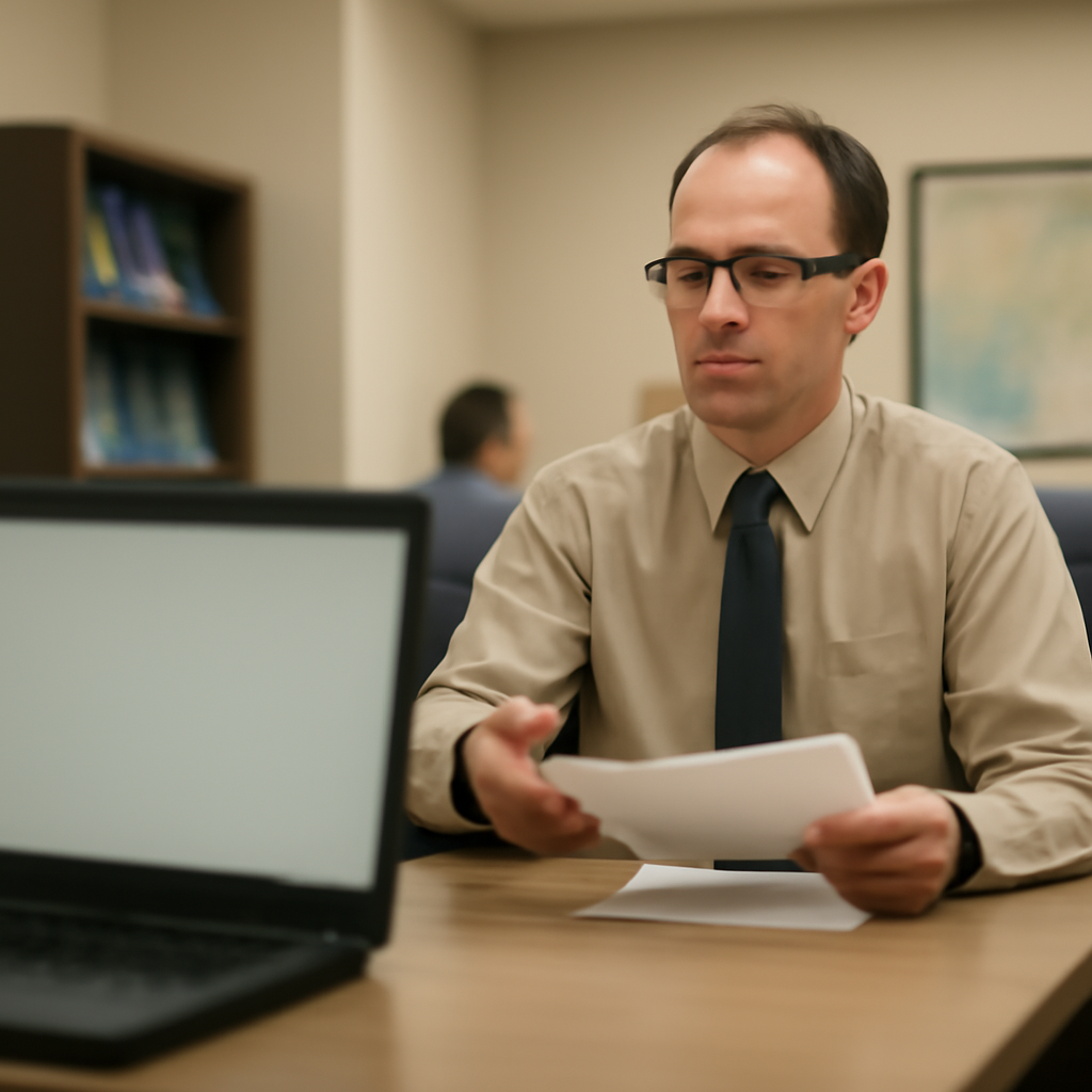 City worker interacts with computer in a neutral-colored government office setting.