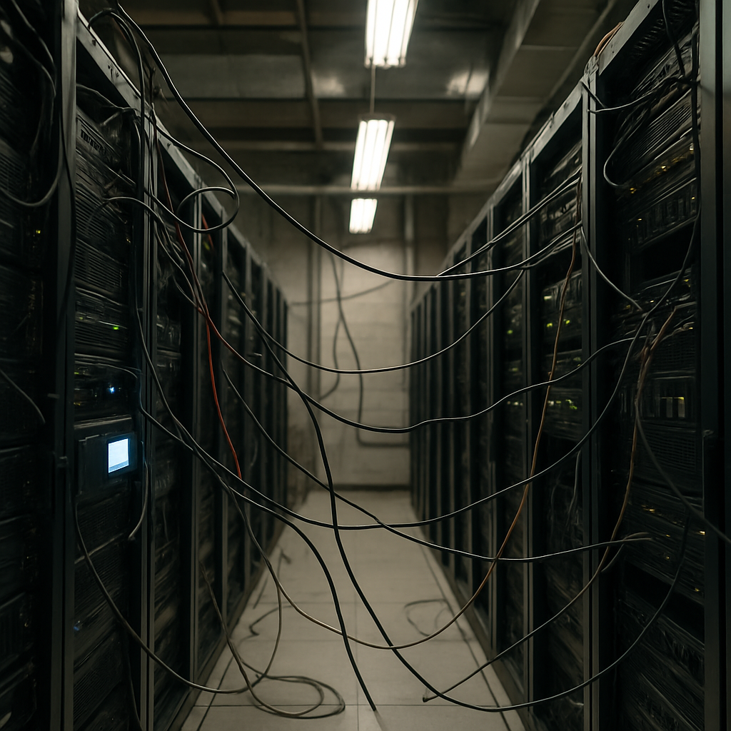 Rows of computer servers and networking equipment glow softly in a data center.