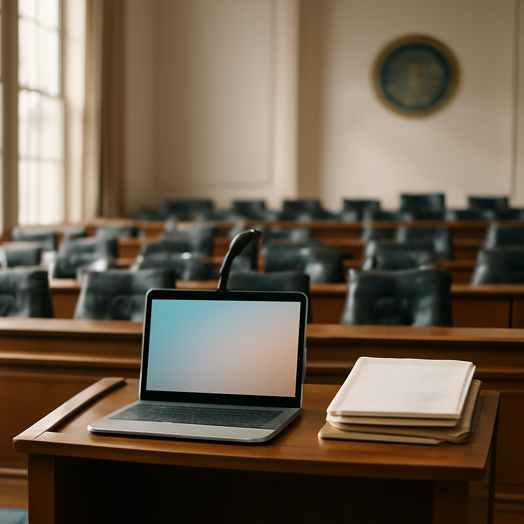 Congressional hearing room with podium, laptop, and papers, bathed in natural light.