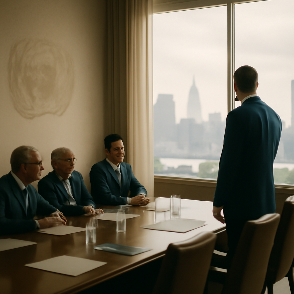 Formal conference setting at UN headquarters with delegates seated at a polished table overlooking NYC skyline.