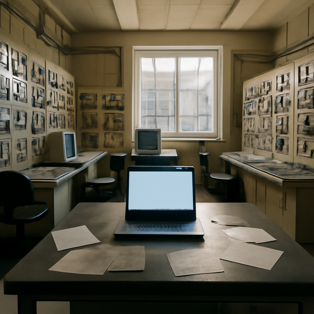 A brightly-lit industrial control room with workstations, control panels, and a laptop, illuminated by natural daylight…