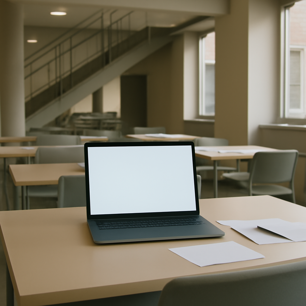 Quiet university setting with laptop and papers on a clean desk near a window.