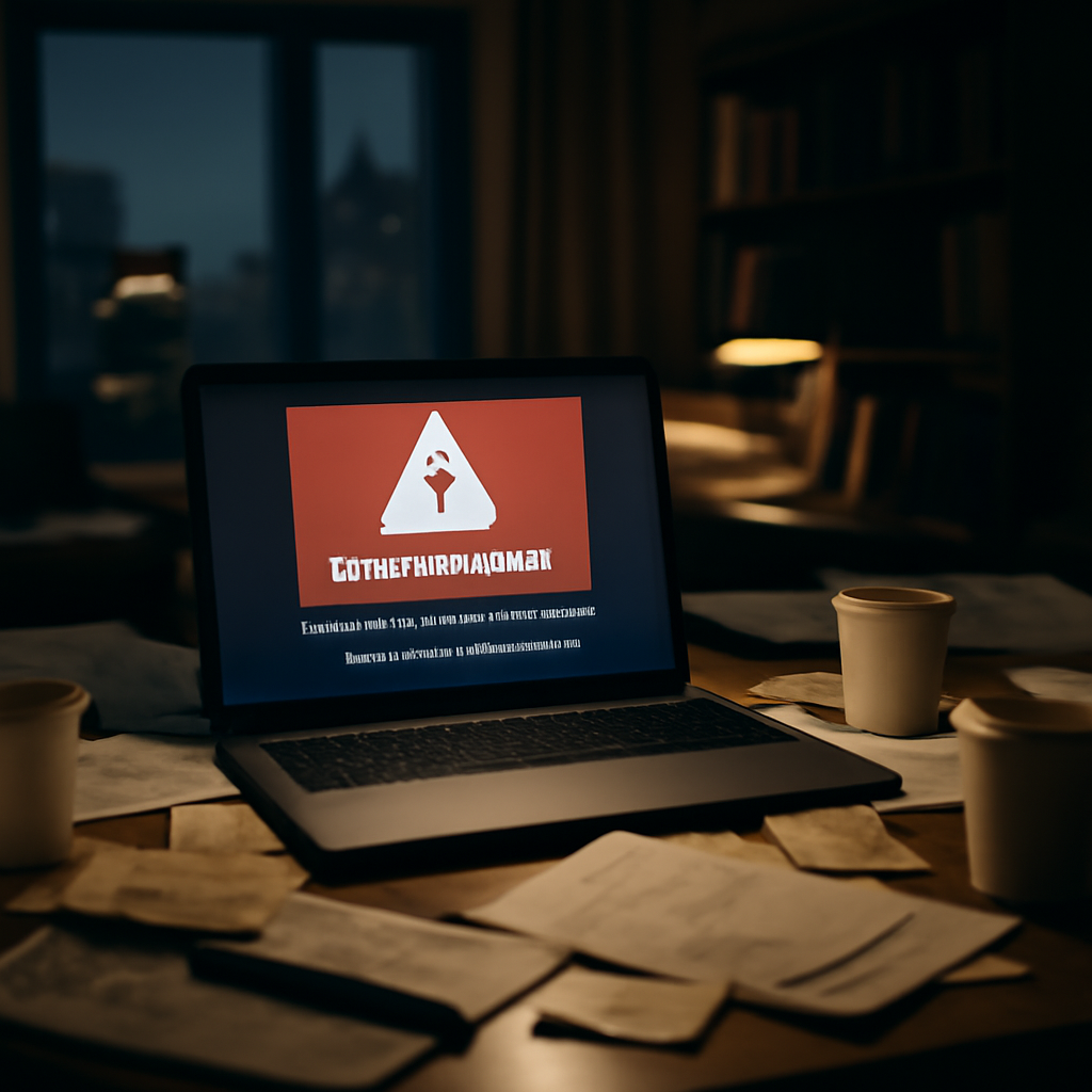 Laptop on cluttered desk shows ransomware warning on browser window.