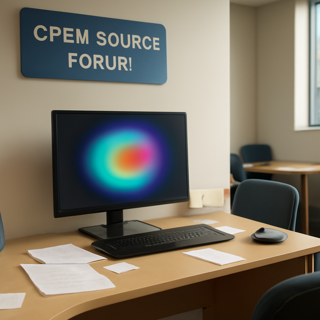 A brightly-lit computer workstation in a neutral setting with a blurred image on the monitor.