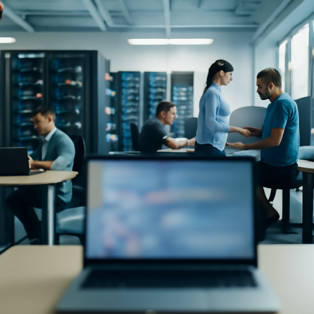 Blurred computer screen in foreground, rows of servers and workstations in background.