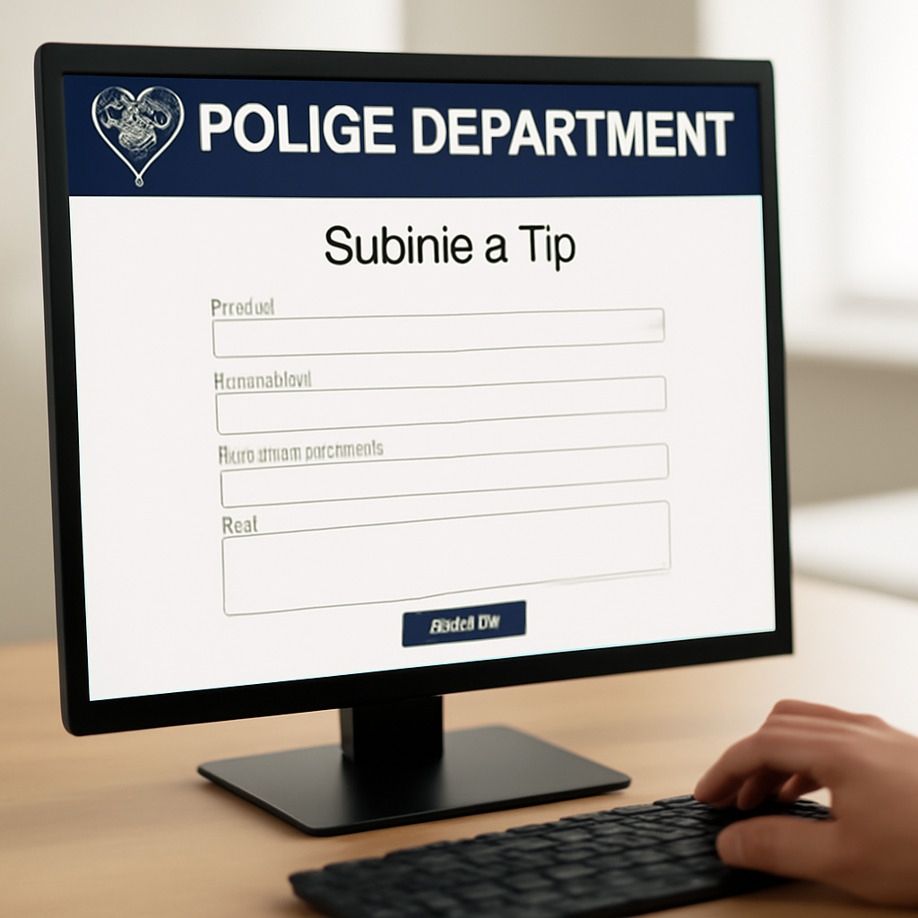Police tip submission form on computer screen with hand hovering over it.