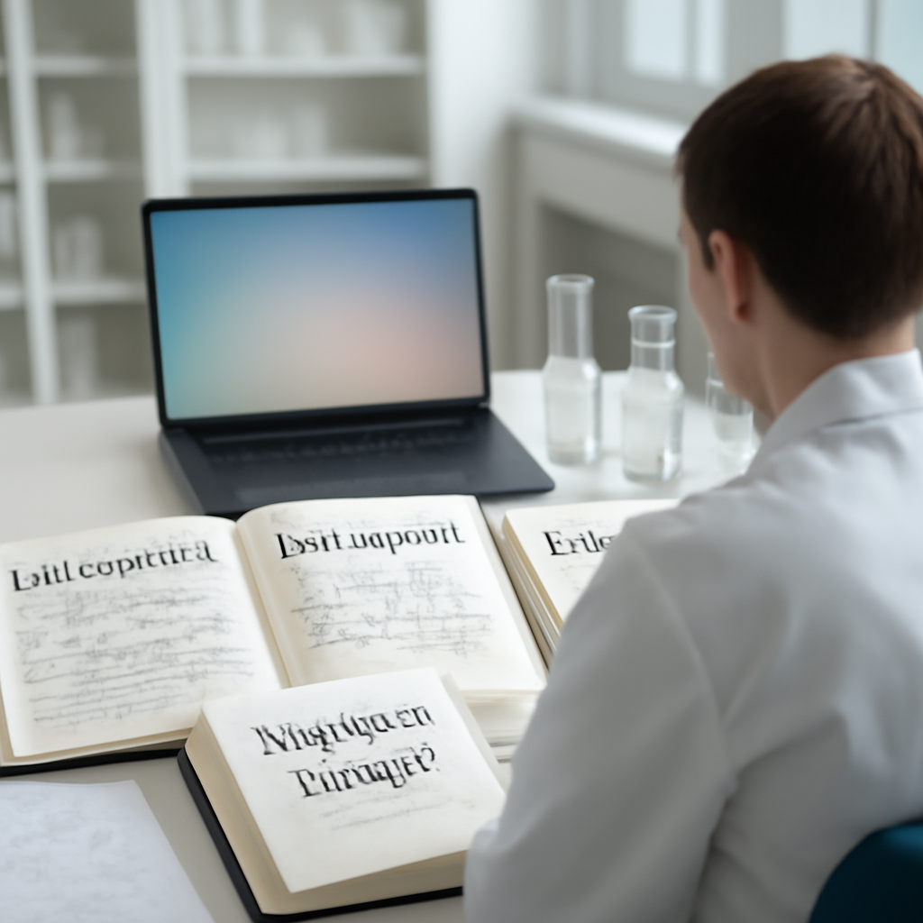 Researcher in lab setting with laptop and papers, surrounded by math references.