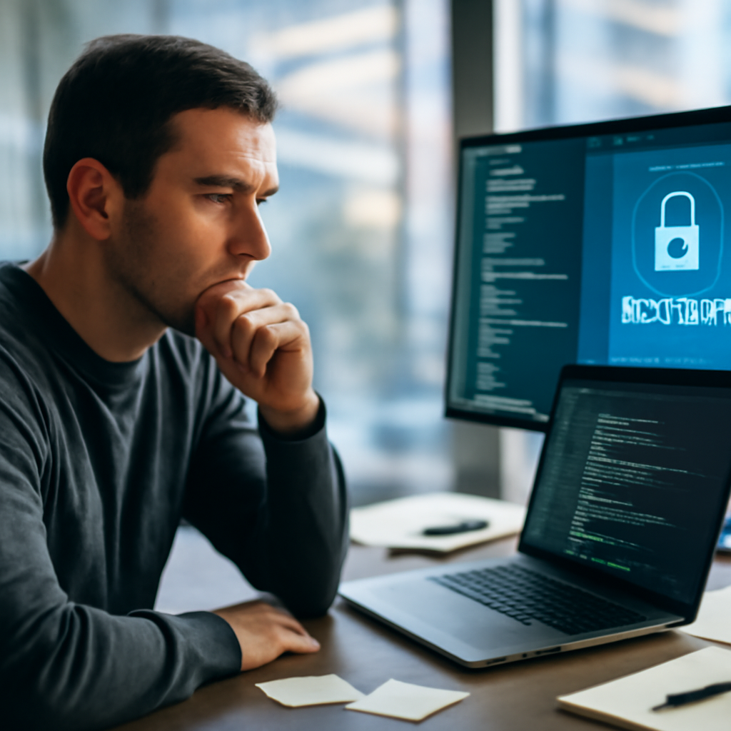 Cybersecurity professional and AI system collaborate at a desk with laptop and monitor displaying code.