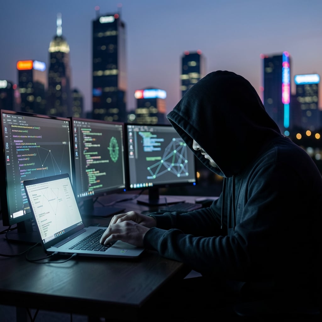 A lone hooded figure hunched over a laptop surrounded by code and network diagrams with a blurred cityscape at dusk in the…