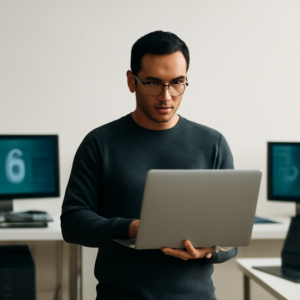 Cybersecurity professional examining screens and devices in a brightly-lit room.