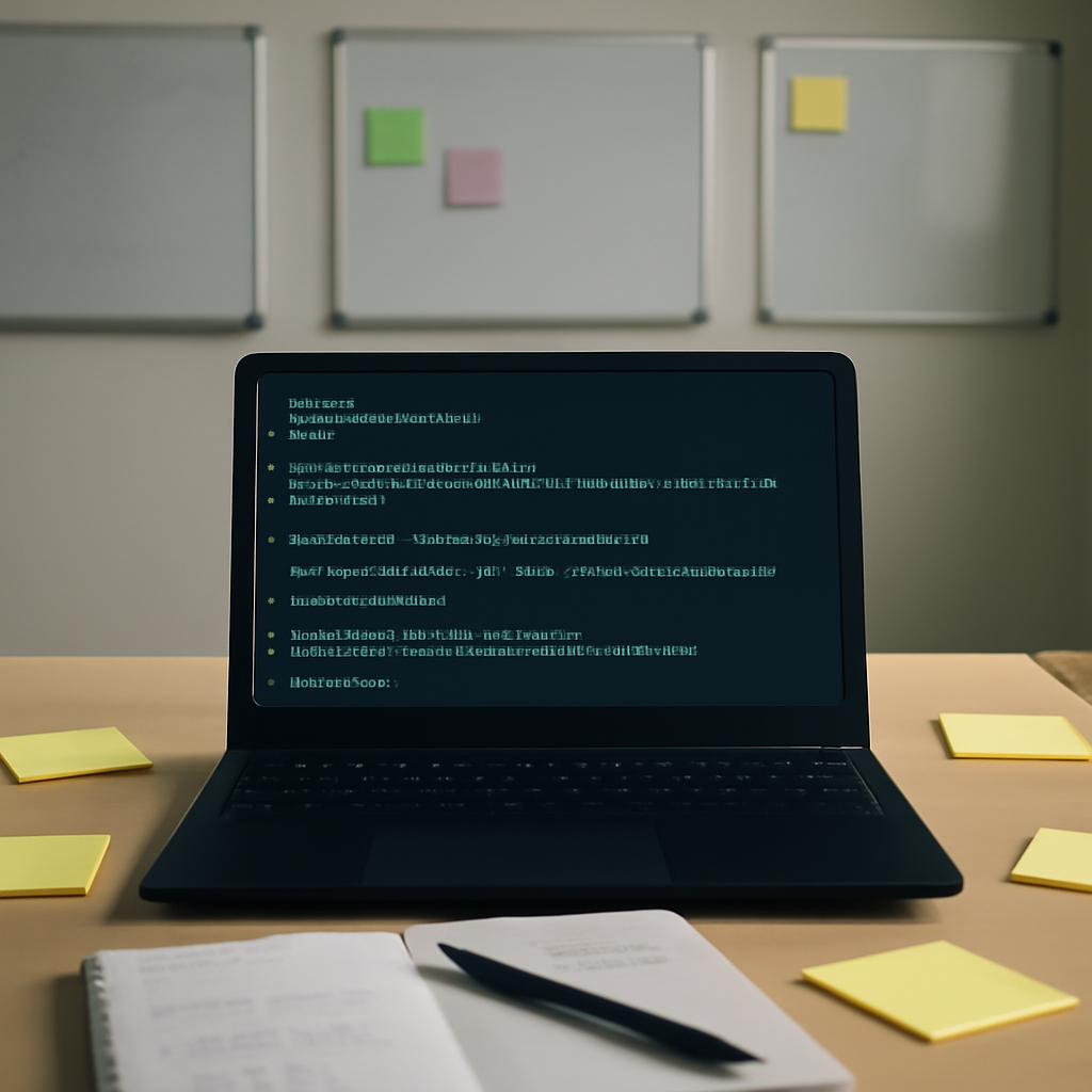 Cybersecurity testing workstation with laptop code and notes on whiteboards.