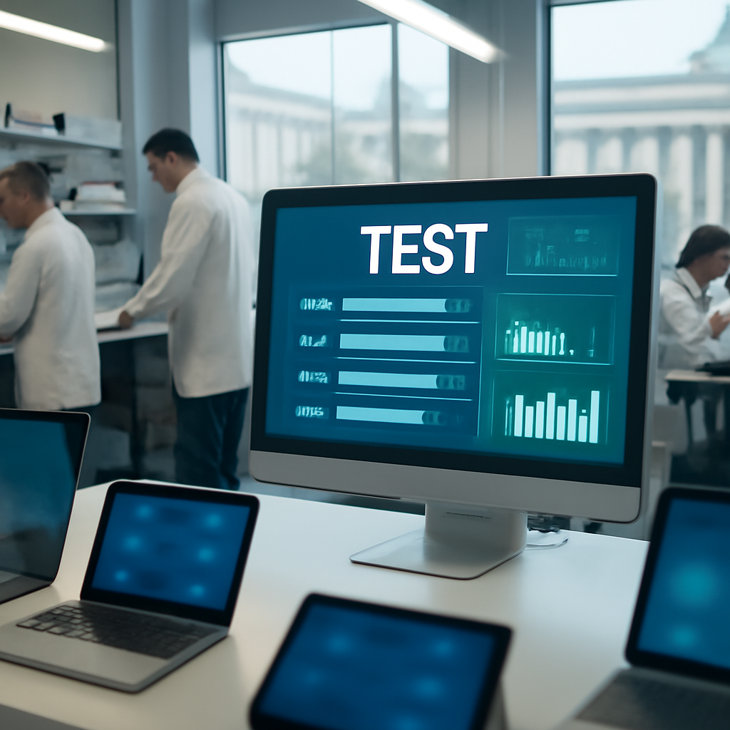 Security testing lab with computer screens and researchers working in the background.