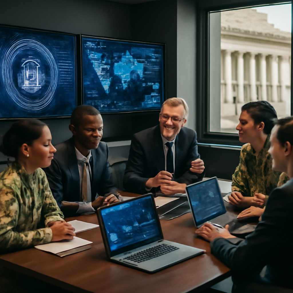 US government cybersecurity team gathered around screens discussing strategies in operations center.