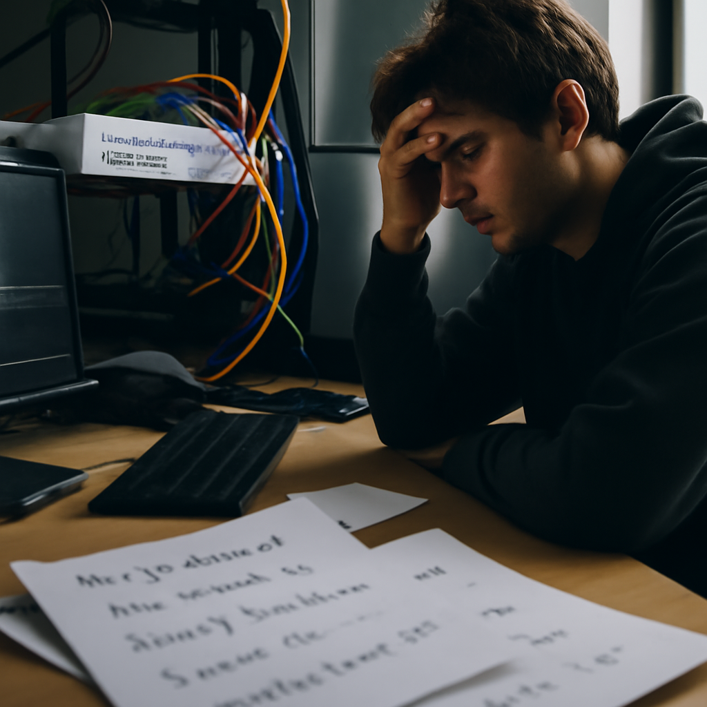Person working in office with router and cables in background.