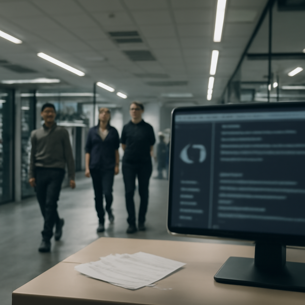 Rows of server racks and computer workstations in a brightly-lit, secure data center interior with people working in the…