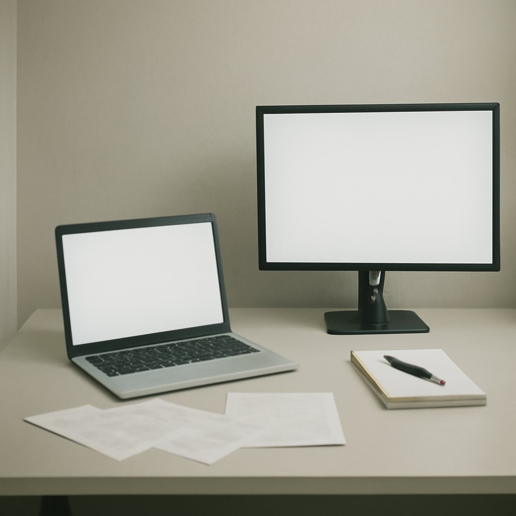 A minimalist computer workstation with blank laptop and monitor screens.