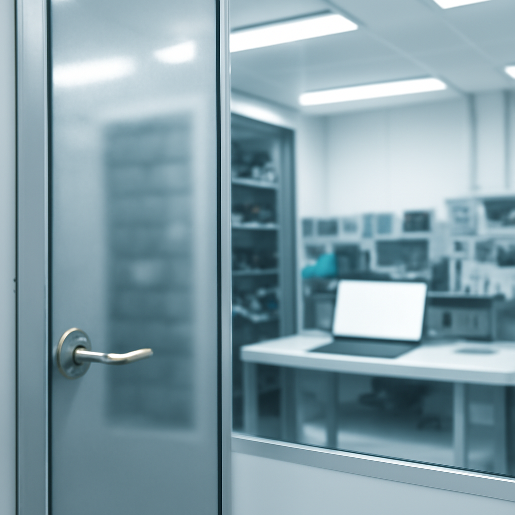 Secure computer lab with glass-walled room and blurred-out server equipment.