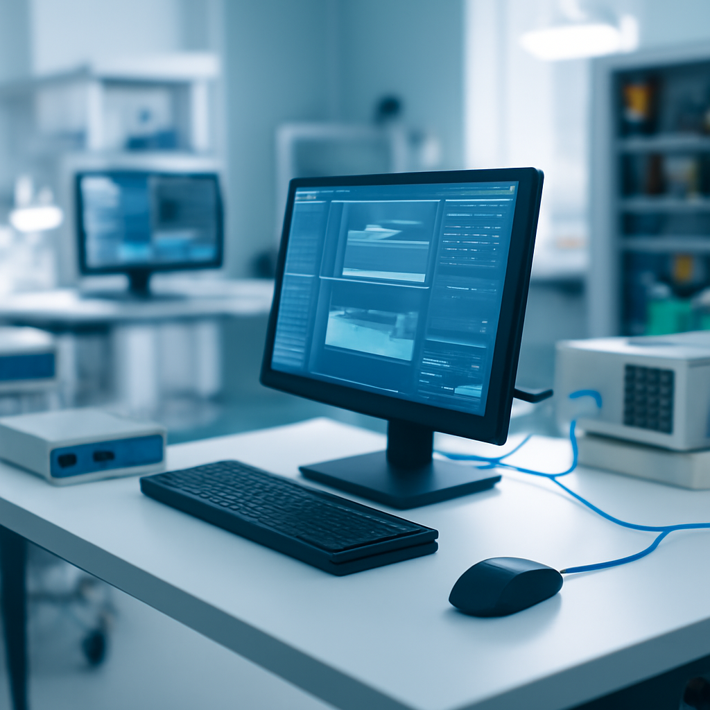 A laboratory setting with a central computer workstation, technical equipment, and monitors, surrounded by a trailing…
