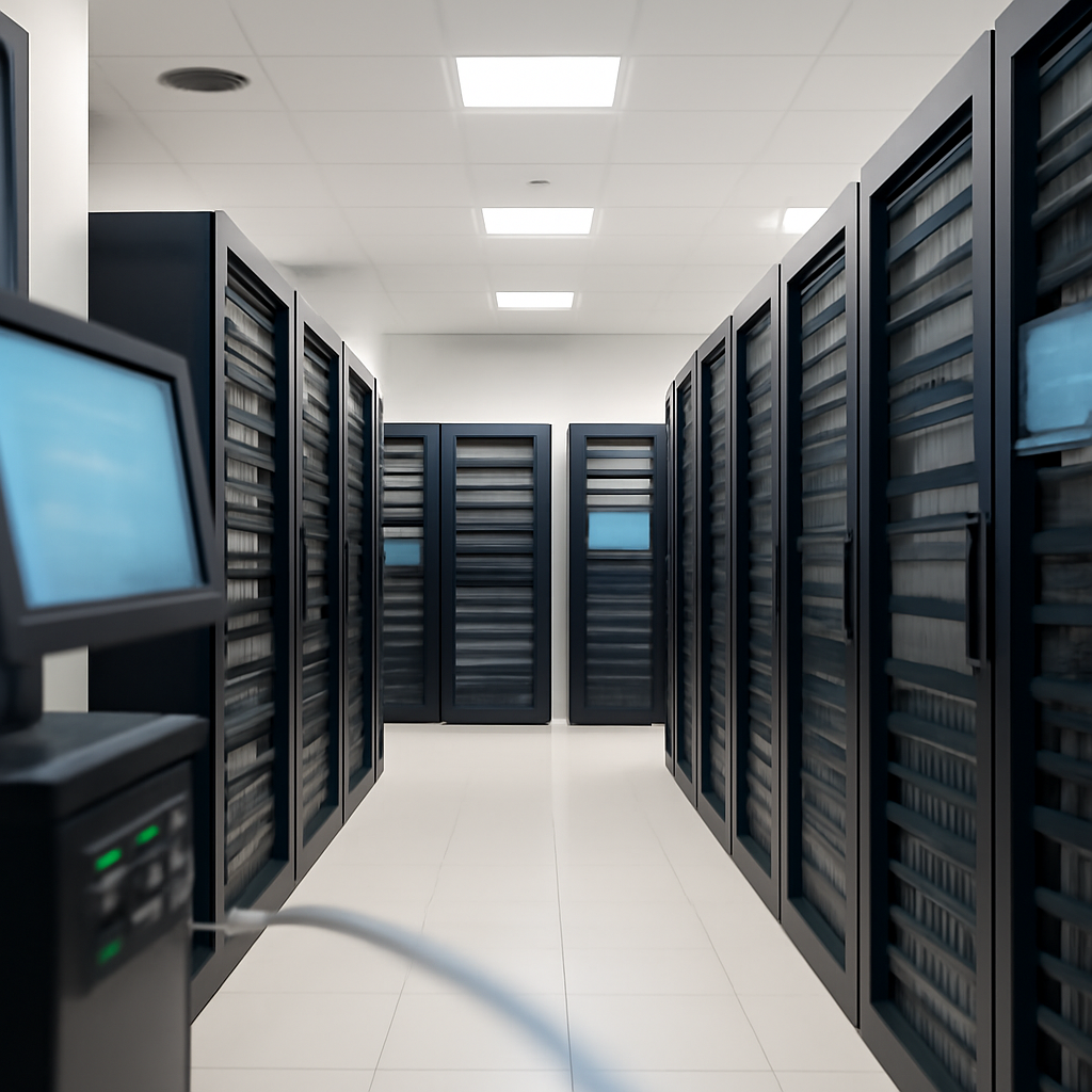 Rows of computer servers and networking equipment in a brightly-lit server room with blurred screens and controls.