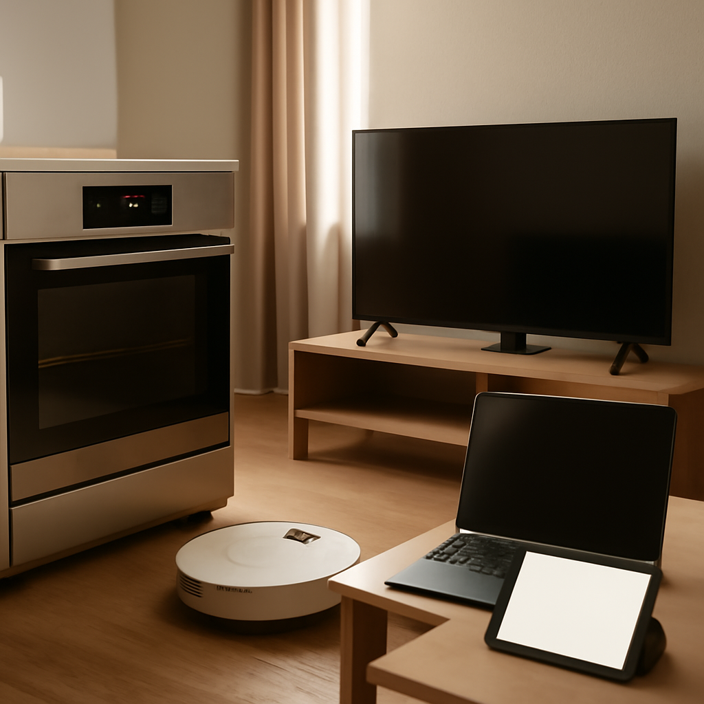 Smart home devices, including a oven, TV, and vacuum, sit arranged in a typical living room setting.