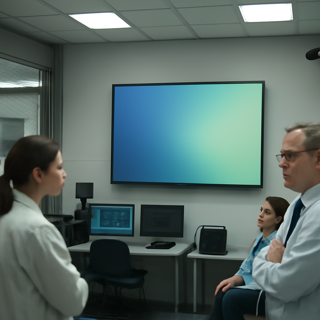 Secure testing facility with computer workstations and a large blank screen displaying a gradient pattern.
