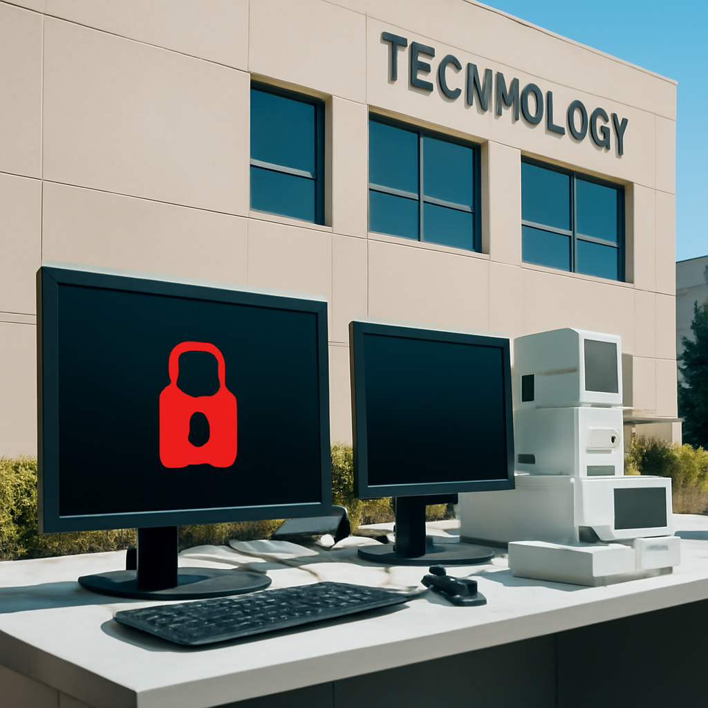 Modern lab with sleek workstation and generic equipment in front of a brightly-lit corporate building.