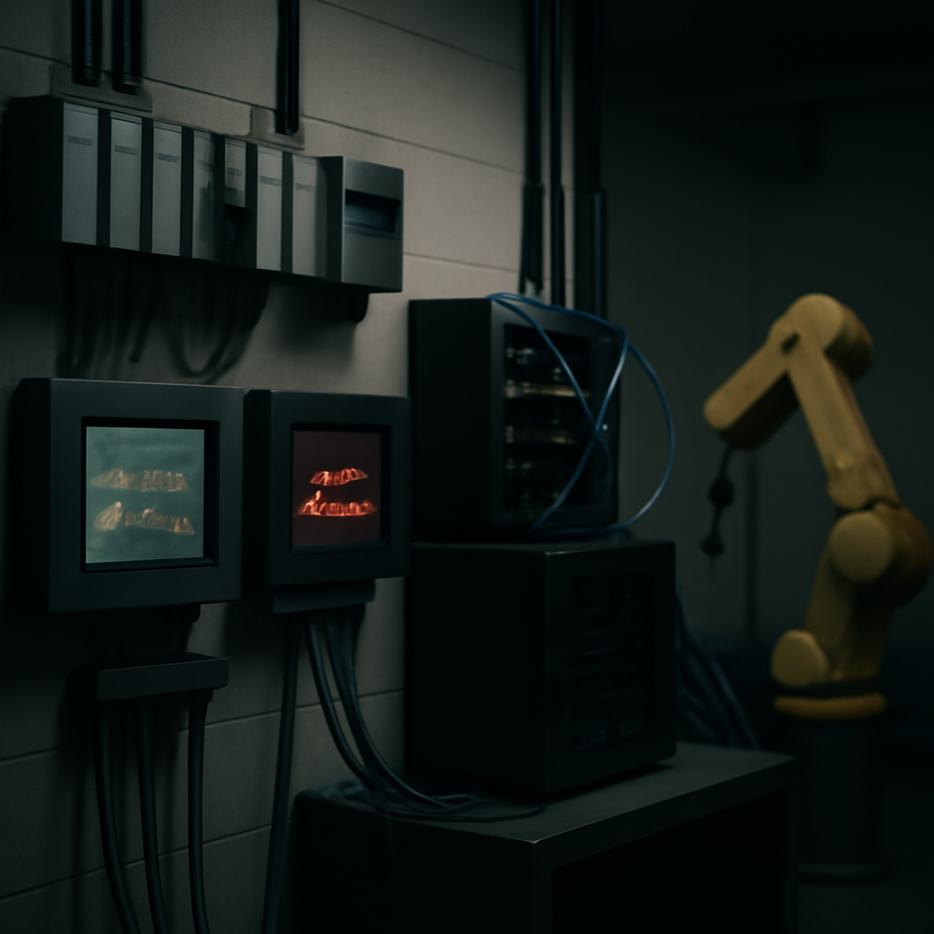 Industrial control room with programmable logic controllers, robotic arm, and network infrastructure setup.