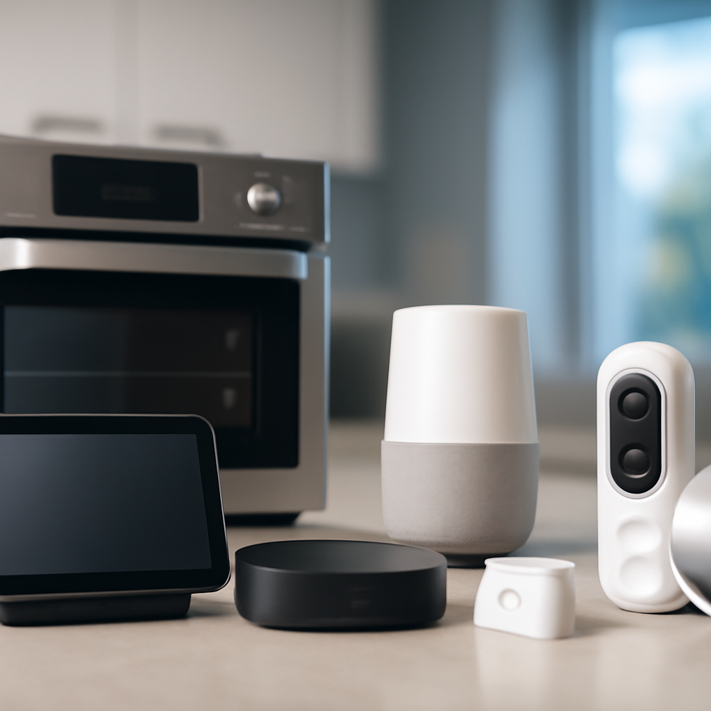Various internet-connected devices, including a smart oven and Android TV box, sit idle on a modern kitchen countertop.