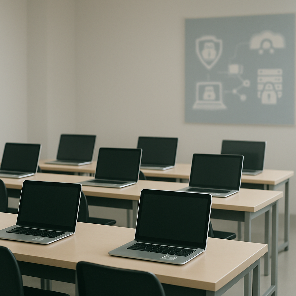 Rows of computer workstations with blank screens in a neutral-colored room.