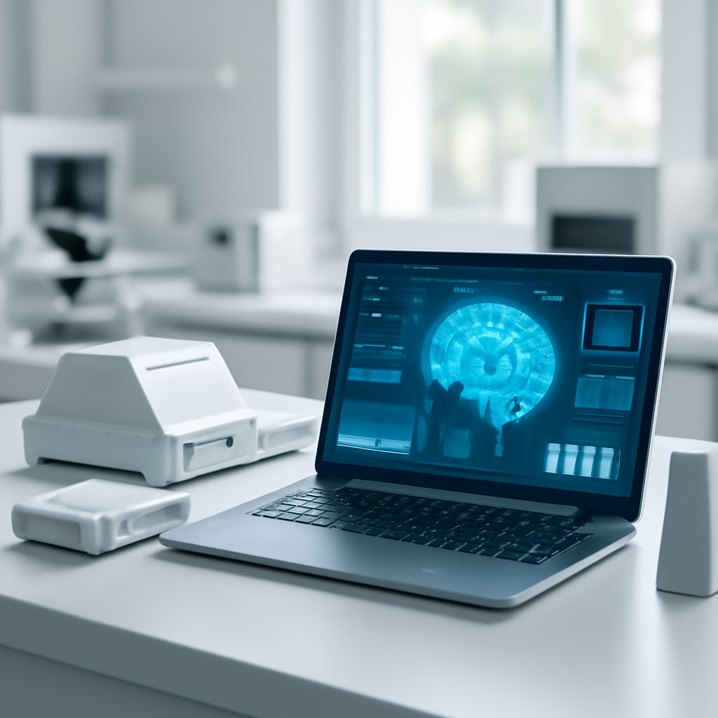Futuristic computer workstation in a bright laboratory setting with ambient daylight.