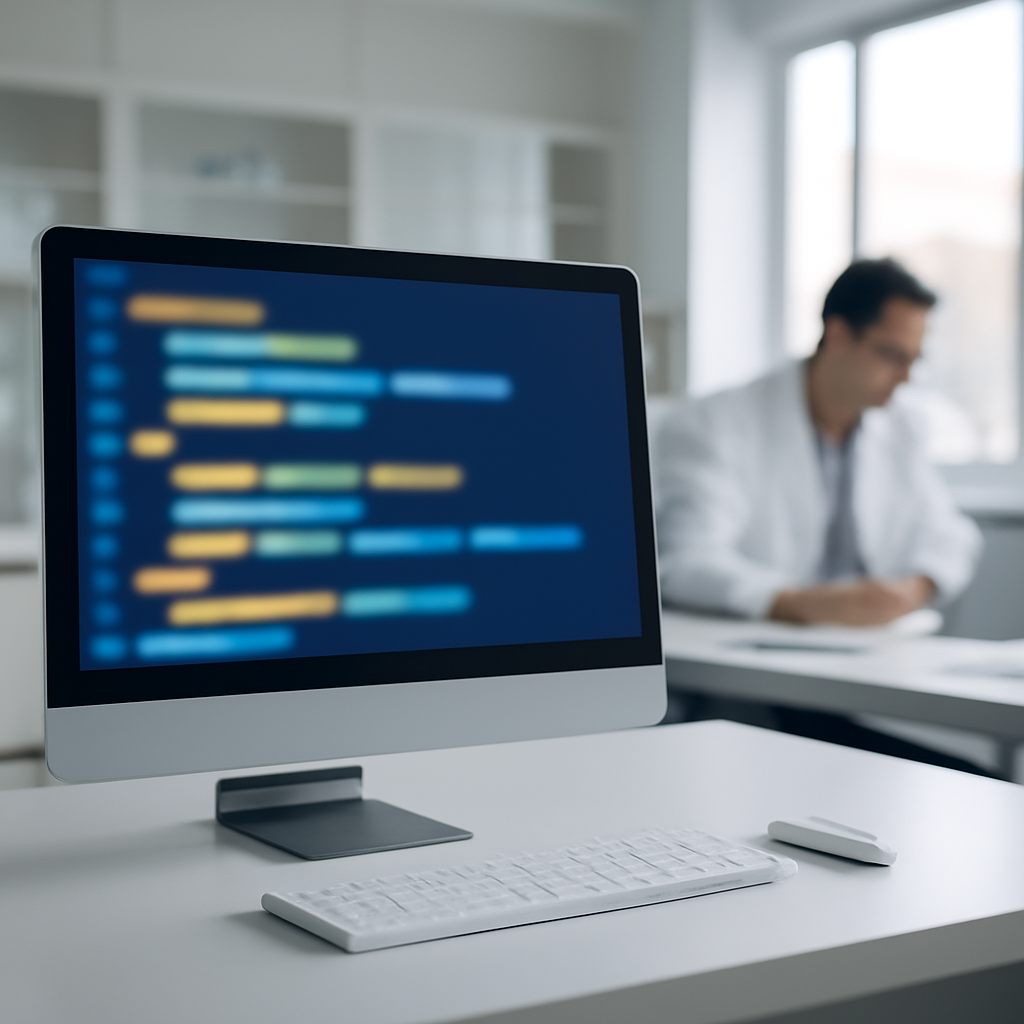 Lab researcher works at workstation with laptop near a computer screen displaying code.