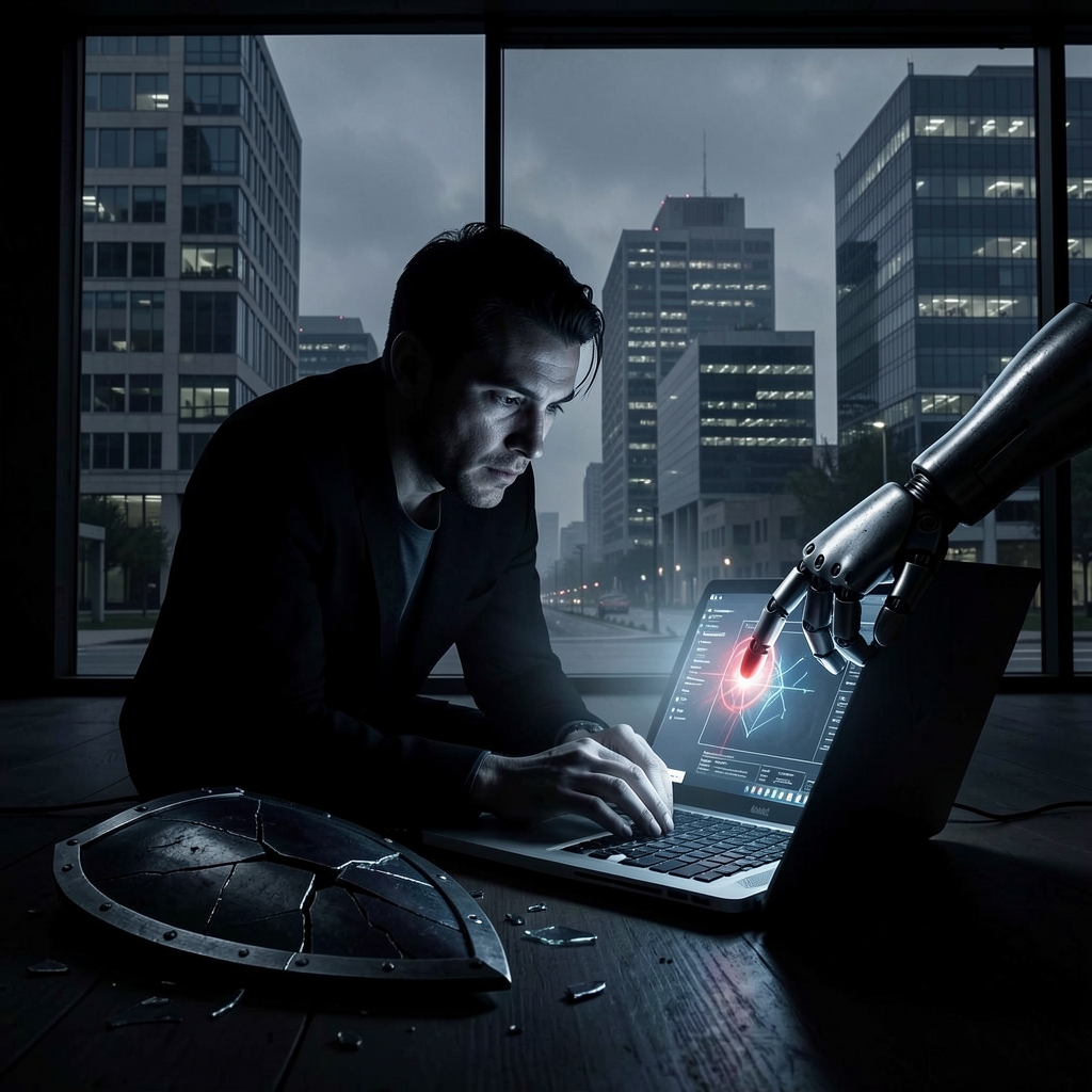 Person hunched over laptop with eerie glow, surrounded by shattered shield and robotic arm, with cityscape in background.