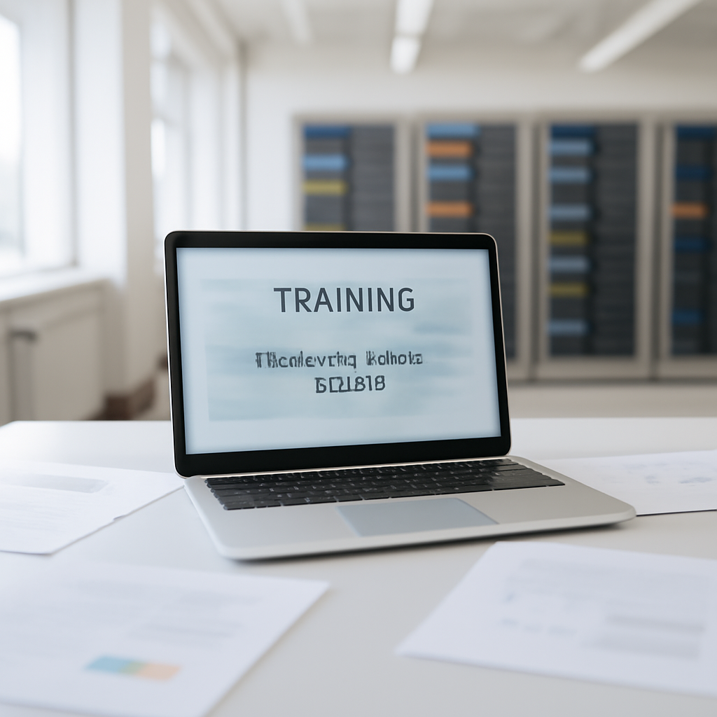 Machine learning workstation with laptop and papers in a modern research facility.