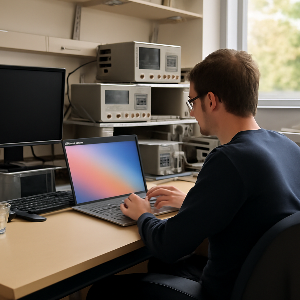 Researcher in a lab setting with equipment and a laptop displaying a blurred screen near a bright window.