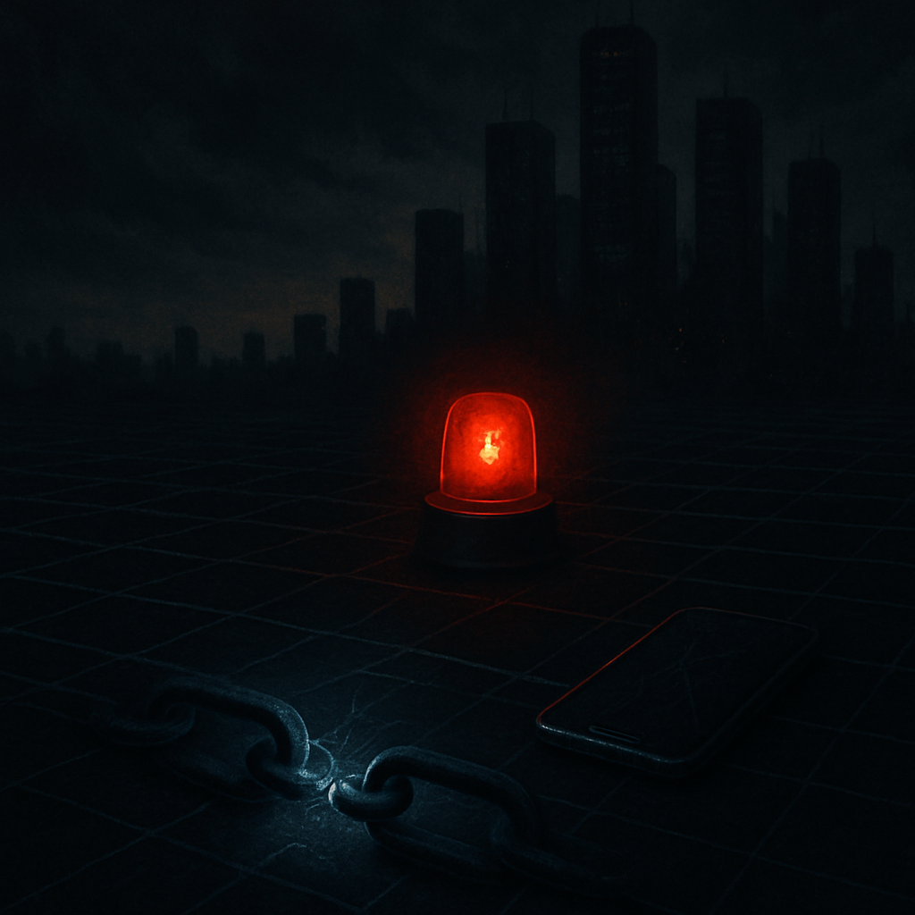 Dark digital landscape with grid pattern, red warning light, and broken blue-glowing link.