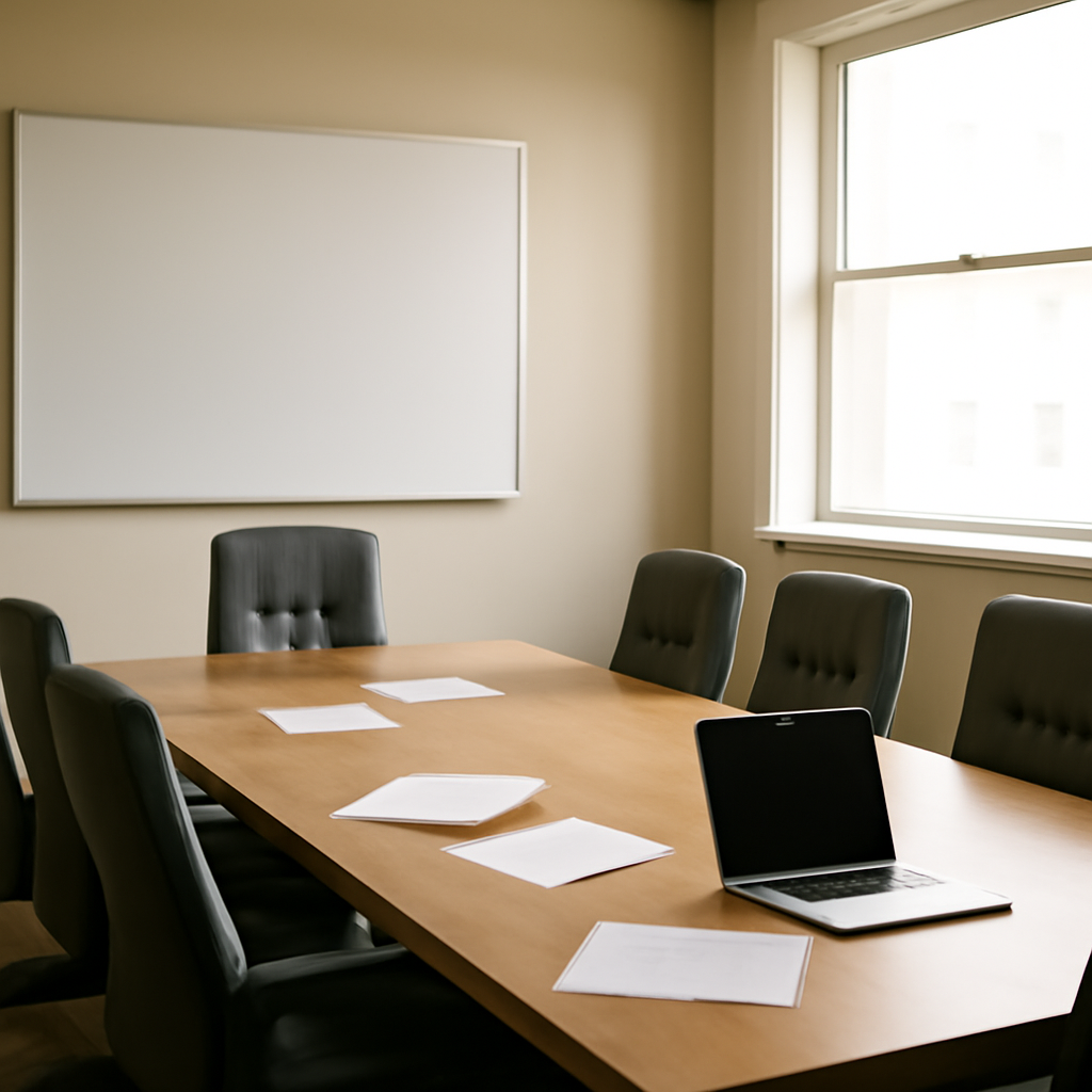 Empty conference room with laptop and papers on a table, suggesting anticipation.