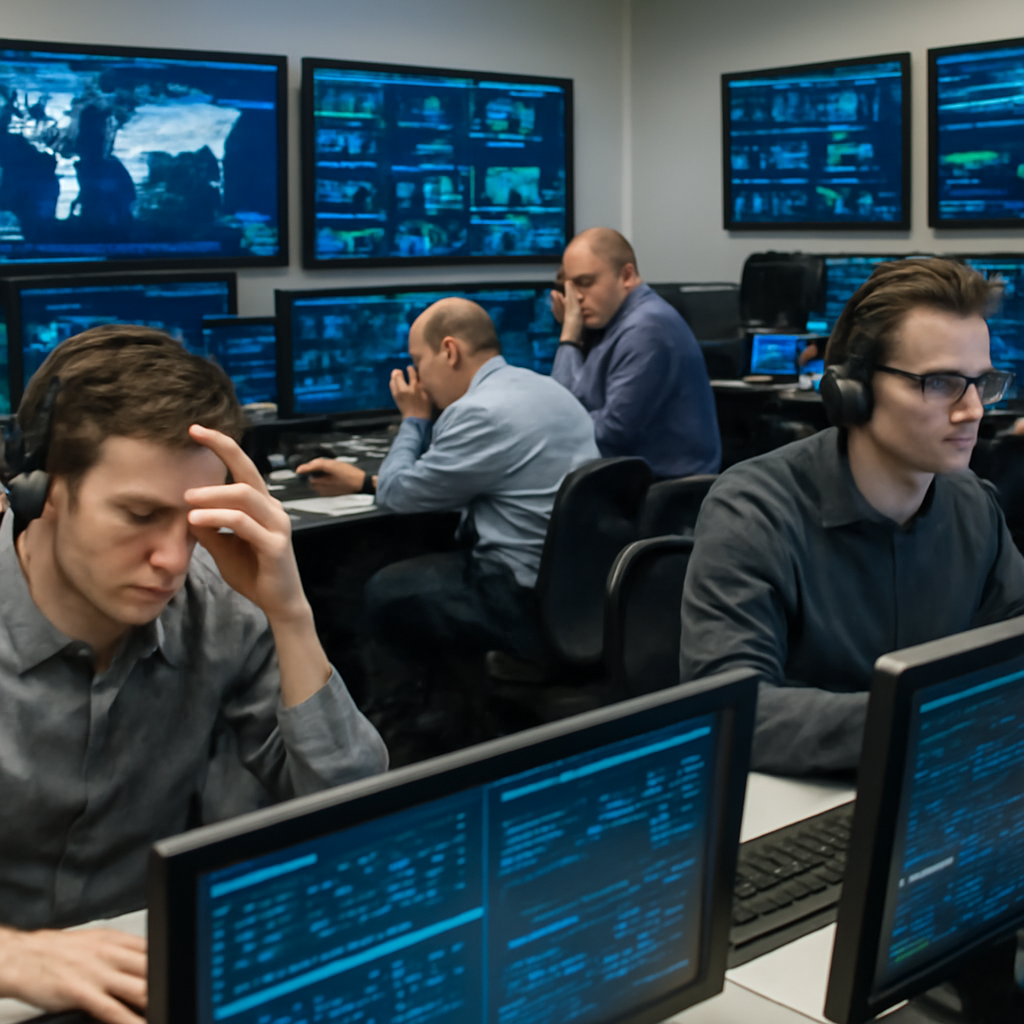 Security analysts overwhelmed in a brightly lit operations center with multiple screens.