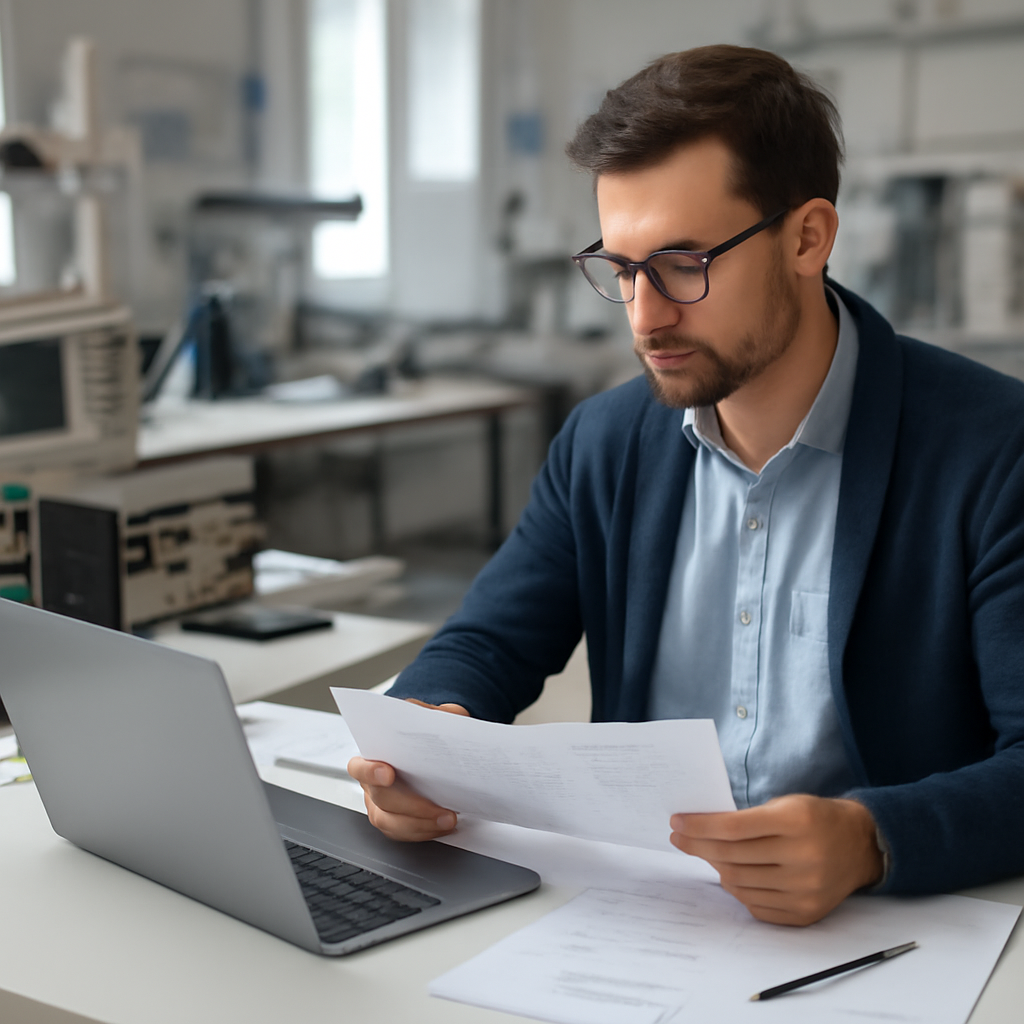 Security researcher working at a lab bench with laptop and technical equipment.