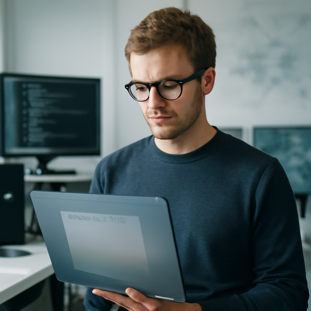 Security engineer surrounded by computer equipment and screens displaying code and vulnerability reports in a bright lab…